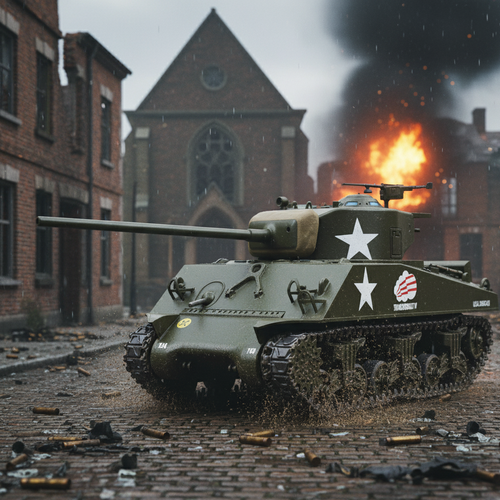 Tank with American flags in a war-torn cityscape with explosions. M4A3 Sherman Tank – Creighton Abrams “Thunderbolt”