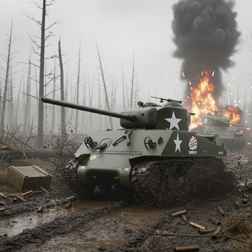 Tank in a forest with smoke and fire in the background. M4A3 Sherman Tank – Creighton Abrams “Thunderbolt”
