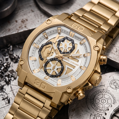 Titan Gold Men's Watch featuring a bold gold-tone stainless steel bracelet and case, multi-function chronograph dial, and precision craftsmanship. Up To 75% Off Retail. Daniel Steiger Titan Gold Men's Watch