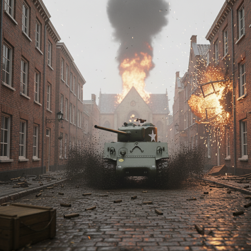 Tank driving through a town with explosions and smoke in the background. M4A3 Sherman Tank – Creighton Abrams “Thunderbolt”