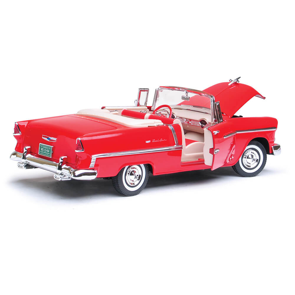 1955 Chevrolet Bel Air Convertible - Red die cast collectible model with open doors and hood showcasing detailed classic design, Up To 75% Off Retail.