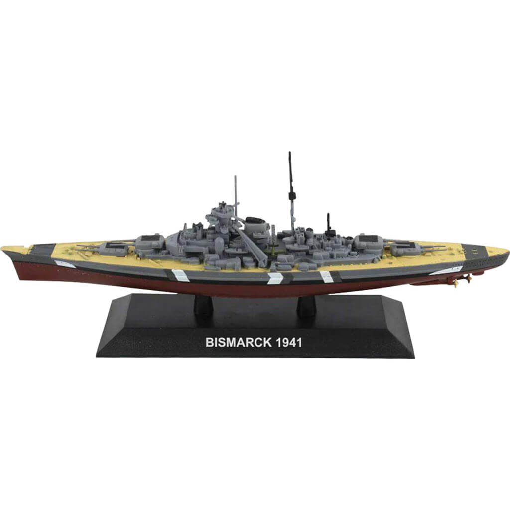 Detailed die cast model of the KMS Bismarck 1941 battleship on a display stand, perfect collectible with Up To 75% Off Retail.