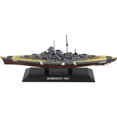 Detailed die cast model of the KMS Bismarck 1941 battleship on a display stand, perfect collectible with Up To 75% Off Retail.