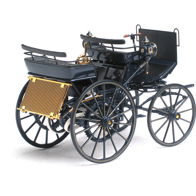1886 Daimler Motorkutsche die cast model car in black with gold accents, showcasing vintage automotive design, offered Up To 75% Off Retail.