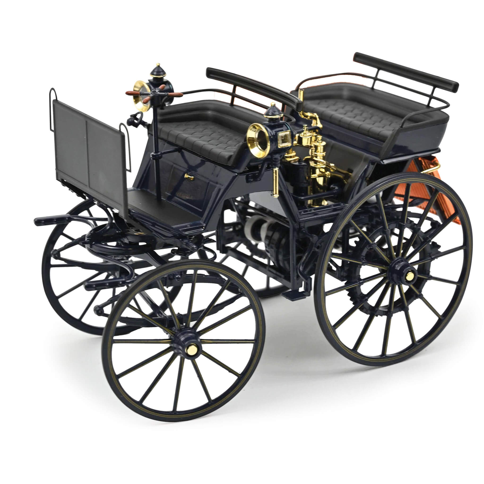 1886 Daimler Motorkutsche die cast collectible model featuring detailed black and gold vintage carriage design, offered with Up To 75% Off Retail.