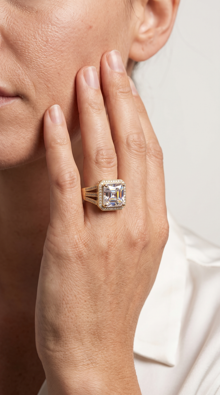 Close-up of a hand wearing the Solace Sparkle Ring with a large square-cut gemstone surrounded by smaller stones on a gold band, promoting Up To 75% Off Retail.