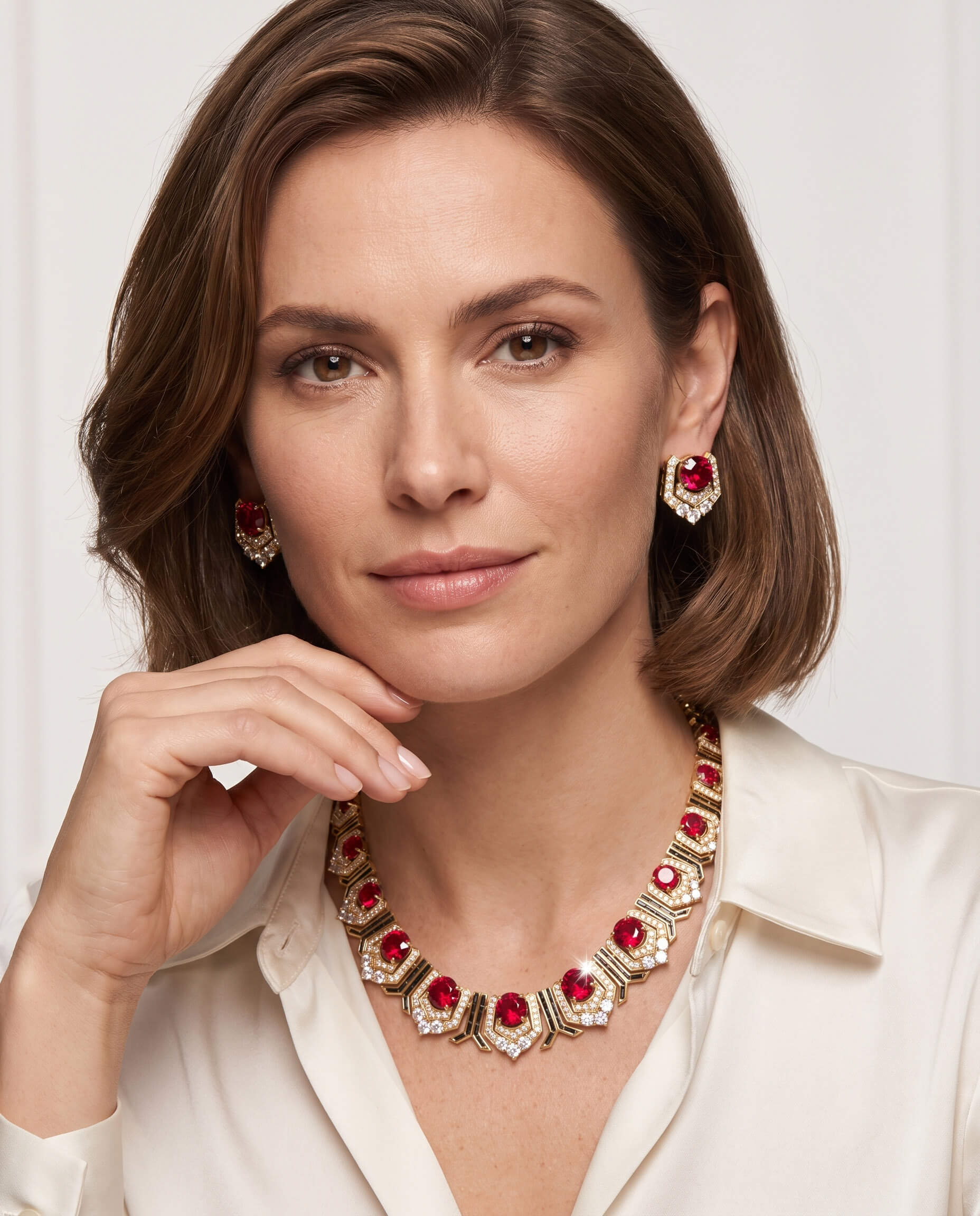 Portrait of a woman wearing Scarlet Heirloom Earrings with matching necklace, showcasing elegant jewelry with red stones and gold accents, Up To 75% Off Retail.