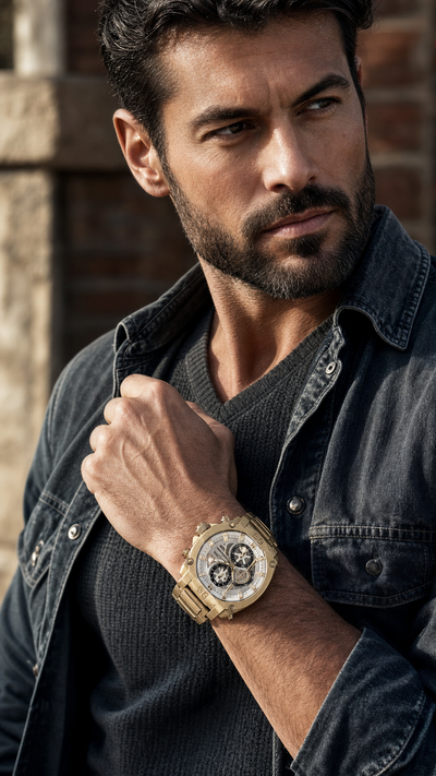 Man wearing a stylish Titan Gold Men's Watch with a gold-tone bracelet and detailed chronograph dial, showcasing a confident, sophisticated look - Up To 75% Off Retail. Daniel Steiger Titan Gold Men's Watch