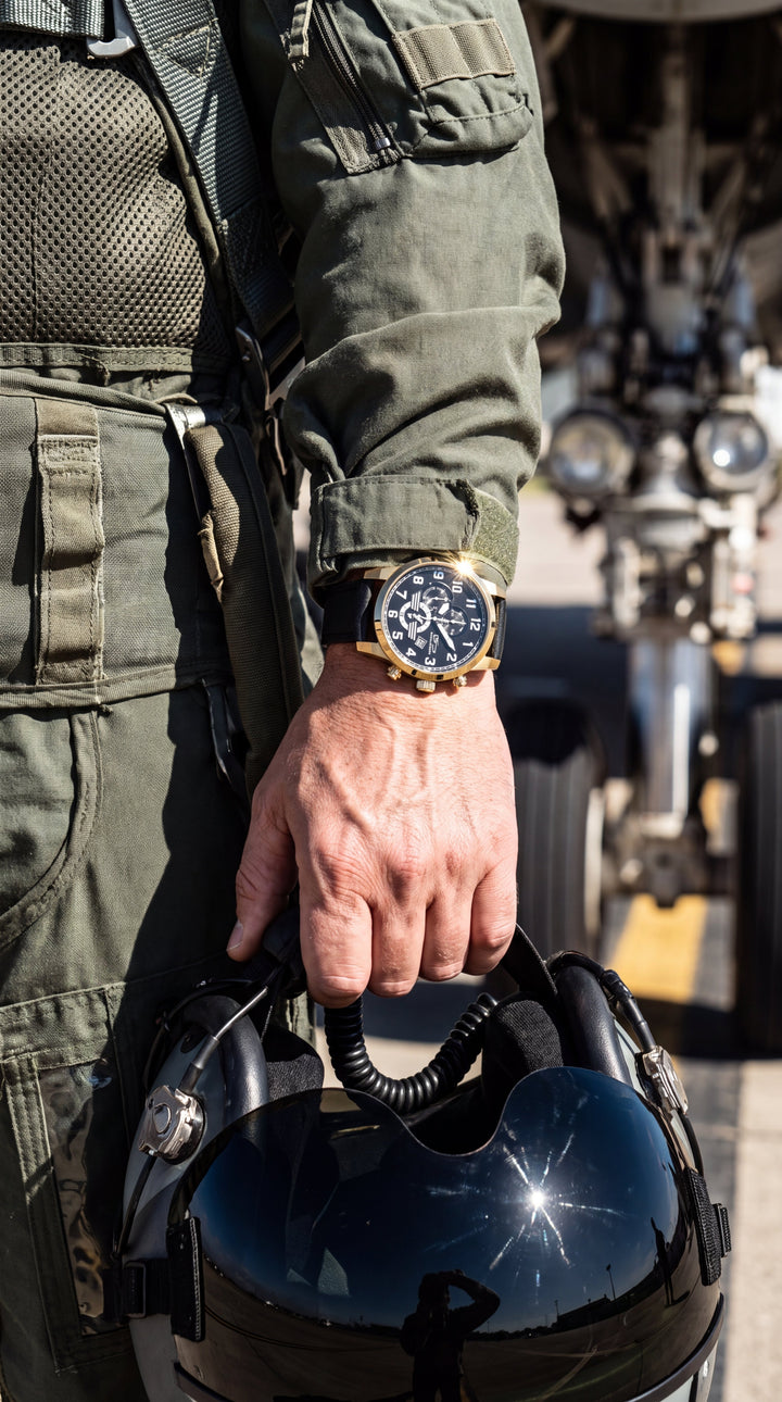 A close-up of a pilot in flight gear wearing an Airforce Gold Watch on the wrist, holding a black helmet near the landing gear of an aircraft, Up To 75% Off Retail.