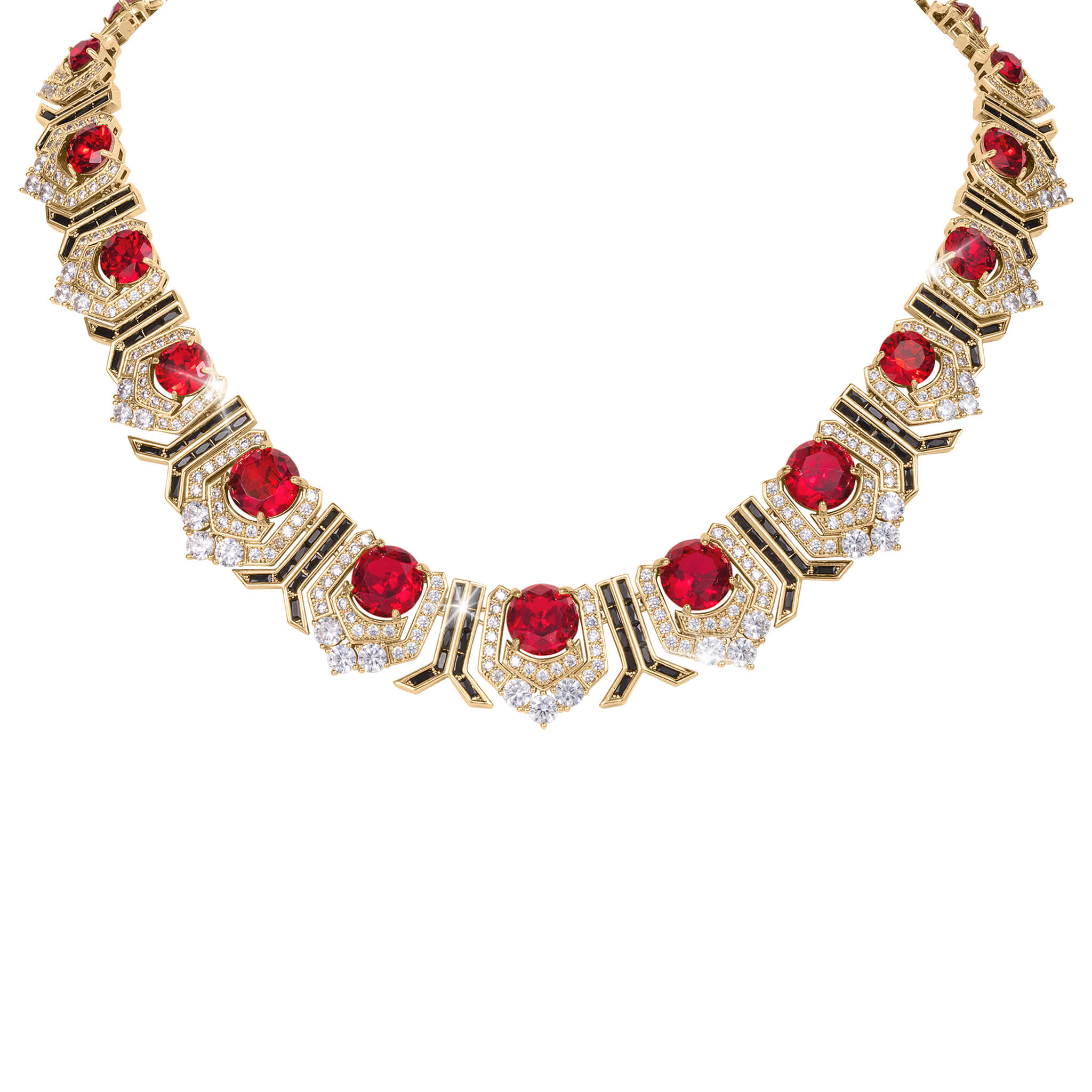 Scarlet Heirloom Necklace featuring vibrant red gemstones set in an intricate gold design accented with sparkling clear crystals, offering a luxurious jewelry statement Up To 75% Off Retail.