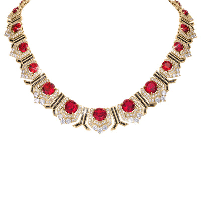Scarlet Heirloom Necklace featuring vibrant red gemstones set in an intricate gold design accented with sparkling clear crystals, offering a luxurious jewelry statement Up To 75% Off Retail.