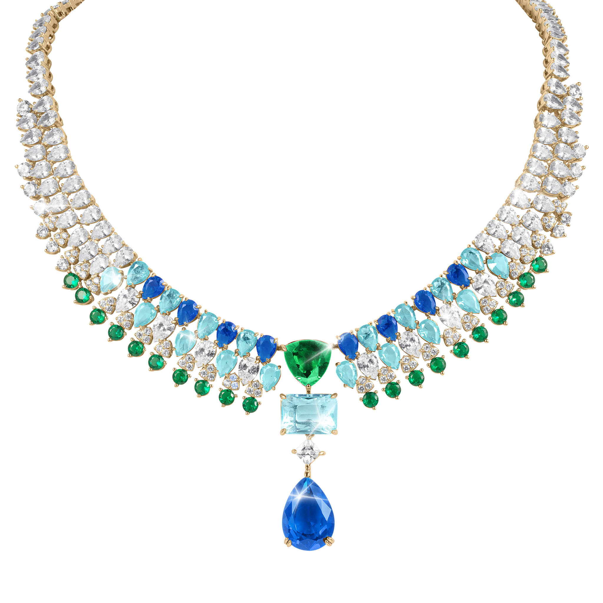 Midnight Riviera Necklace featuring gold plating with a stunning arrangement of blue, green, and clear gemstones for women, offered Up To 75% Off Retail.