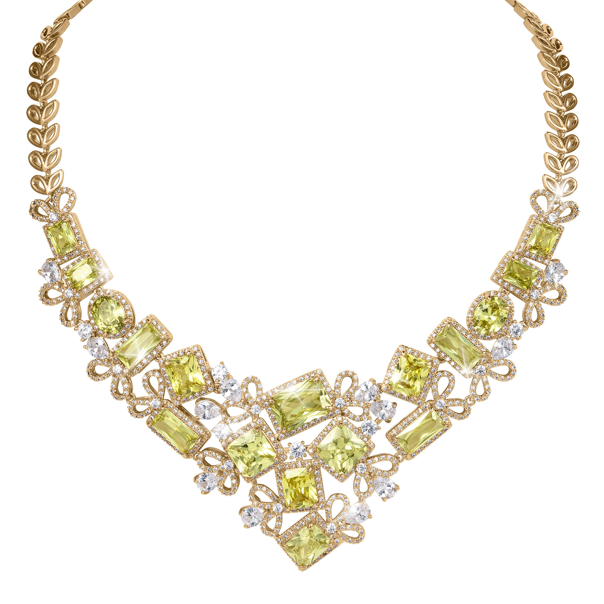 Golden Willow Necklace with a gold tone leaf chain green gemstones and sparkling crystal accents arranged in an elegant botanical statement design