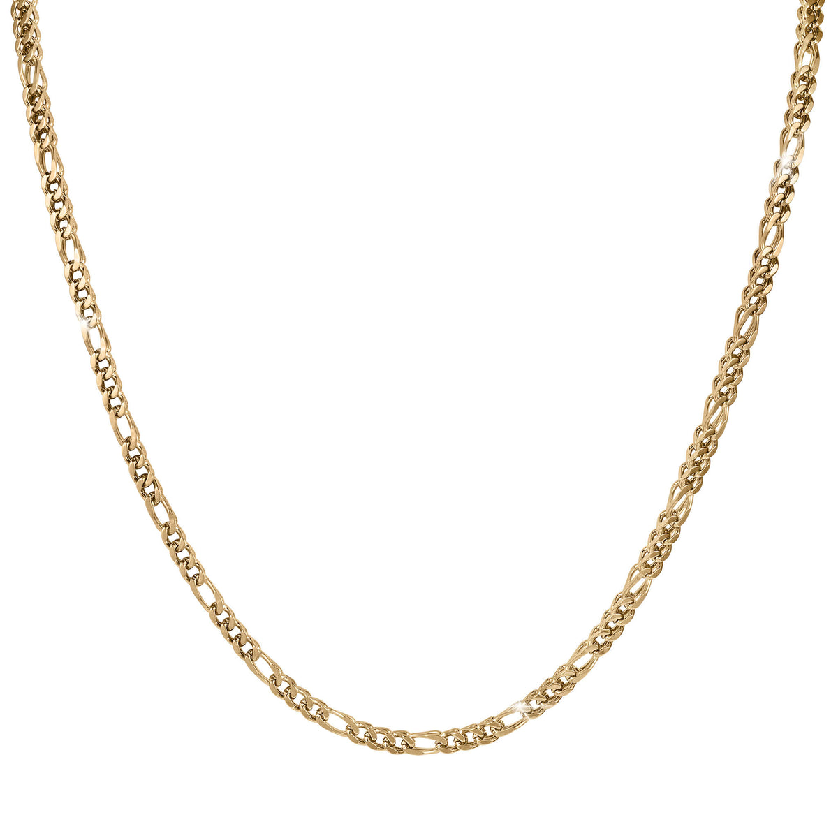 Gold chain necklace with an intricate woven link design displayed against a clean white background