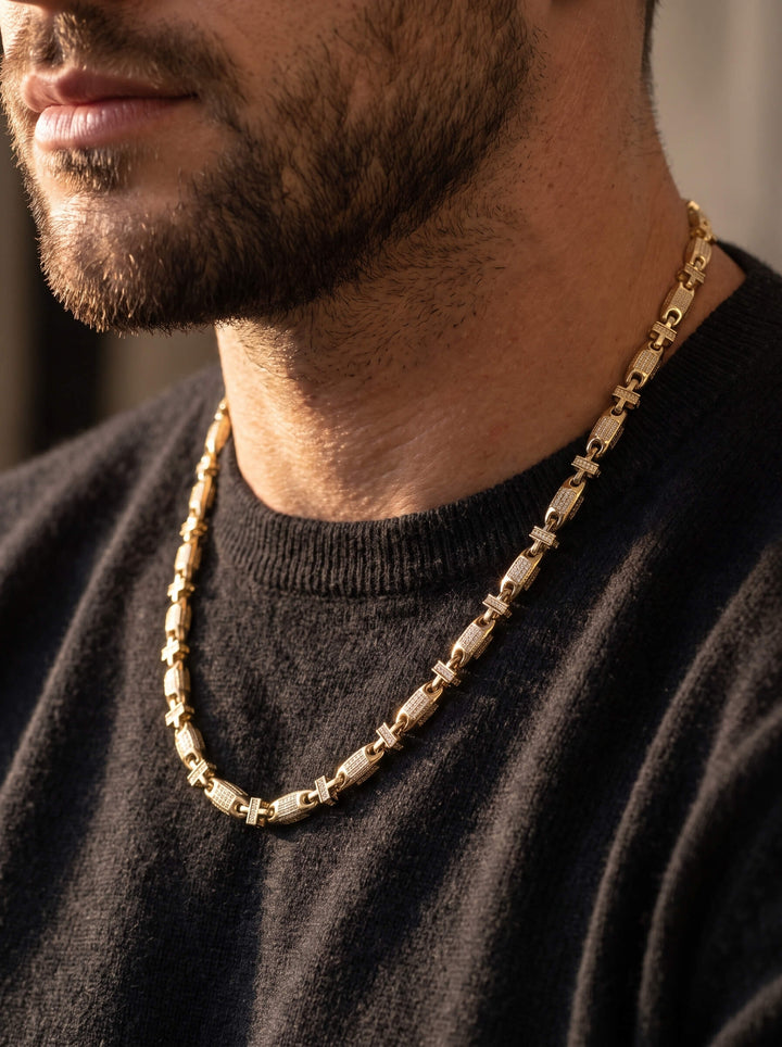 Barbed Necklace featuring polished gold tone links styled on a man in a black shirt for a bold modern jewelry look Up To 75% Off Retail
