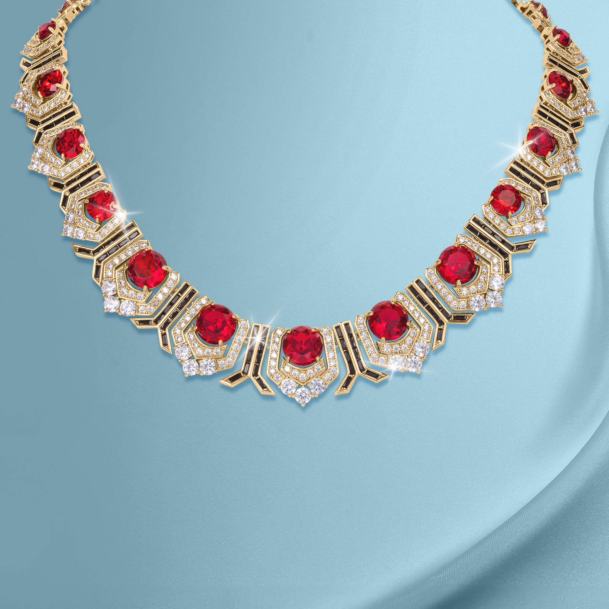 Scarlet Heirloom Necklace featuring bold red gemstones set in an intricate gold design accented with sparkling clear crystals, offering timeless elegance Up To 75% Off Retail.
