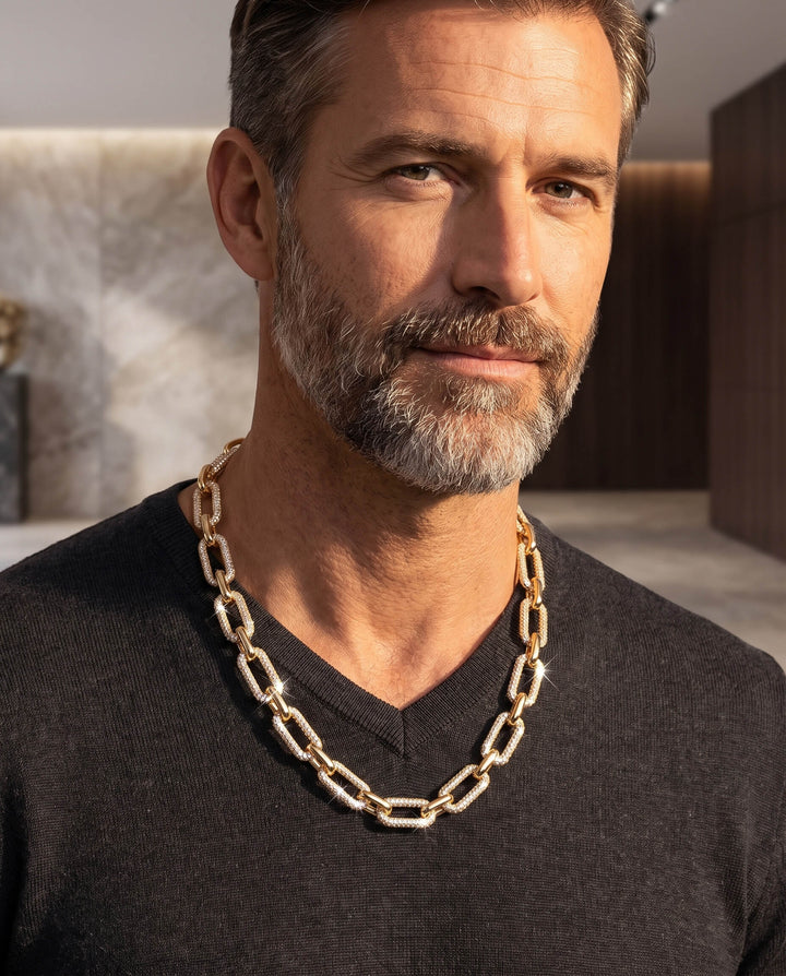 Signature Paperclip Necklace worn by a bearded man featuring polished interlocking links against a modern indoor background Up To 75% Off Retail