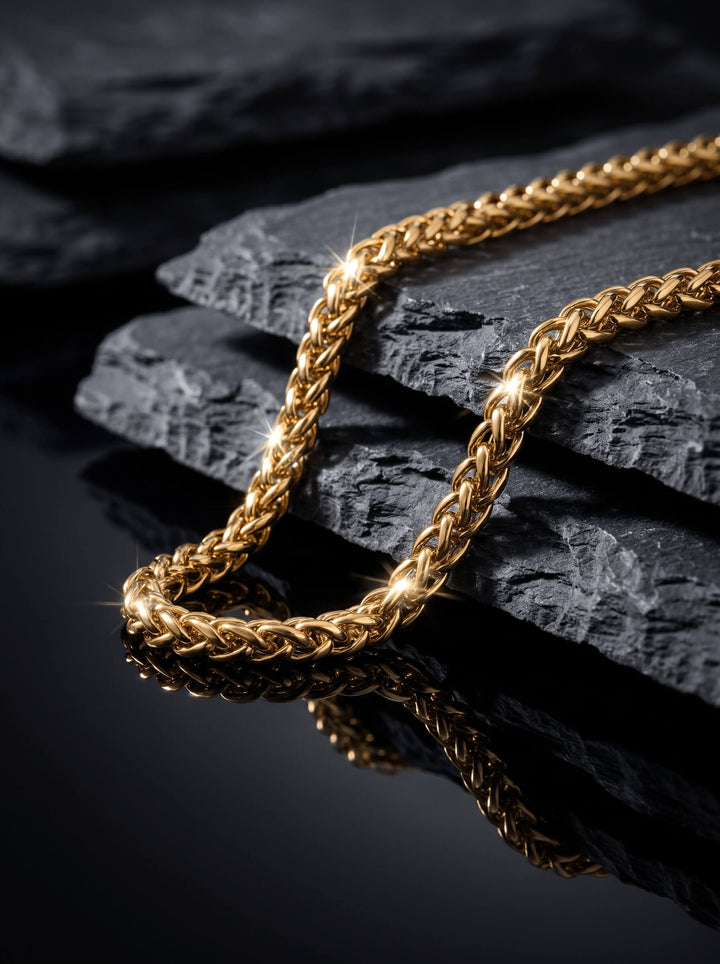 Velocity Men's Necklace featuring a polished gold tone chain arranged on dark slate with reflective highlights and a luxurious jewelry presentation Up To 75% Off Retail