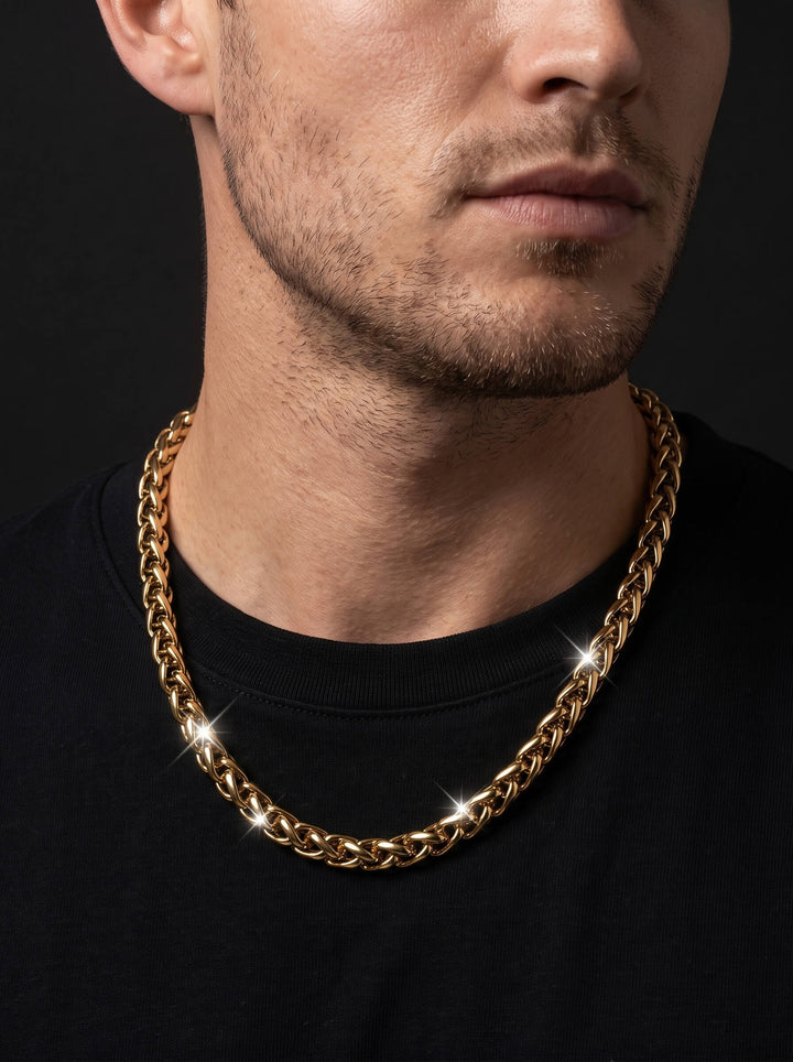 Velocity Men's Necklace featuring a polished gold chain worn by a model over a black shirt with links catching the light. Up To 75% Off Retail