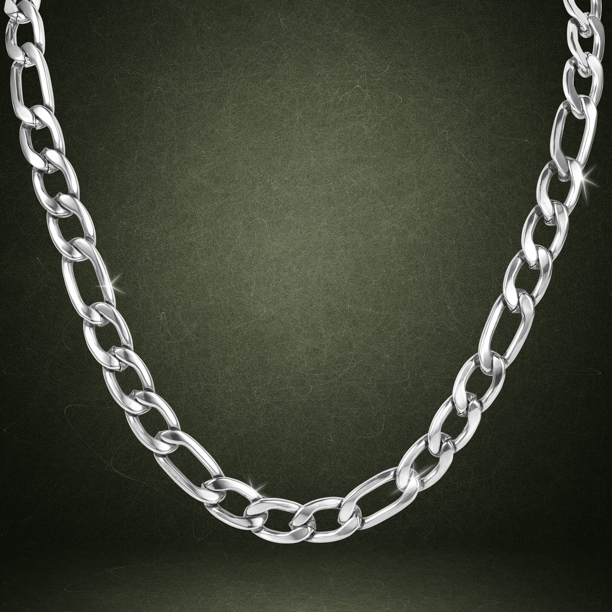 Silver chain necklace with interlocking links displayed against a dark textured background, featuring the Valor Figaro Necklace with Up To 75% Off Retail.