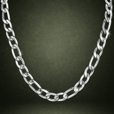 Silver chain necklace with interlocking links displayed against a dark textured background, featuring the Valor Figaro Necklace with Up To 75% Off Retail.