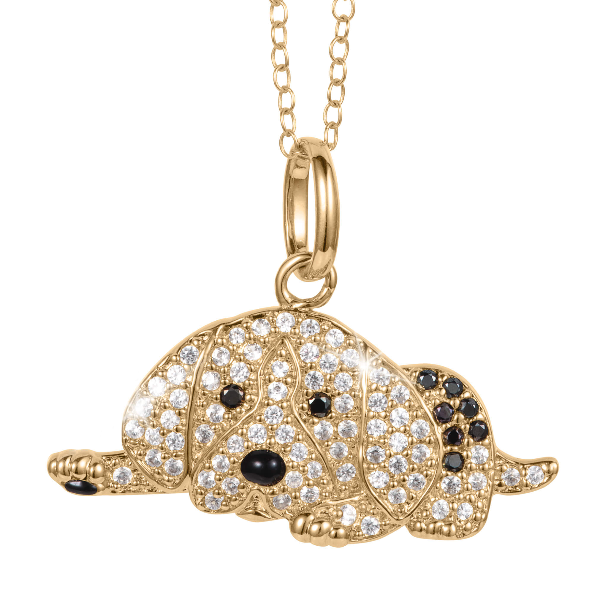 Precious Paws Pendant featuring a gold jeweled puppy necklace with sparkling clear stones and black accents. Up To 75% Off Retail.