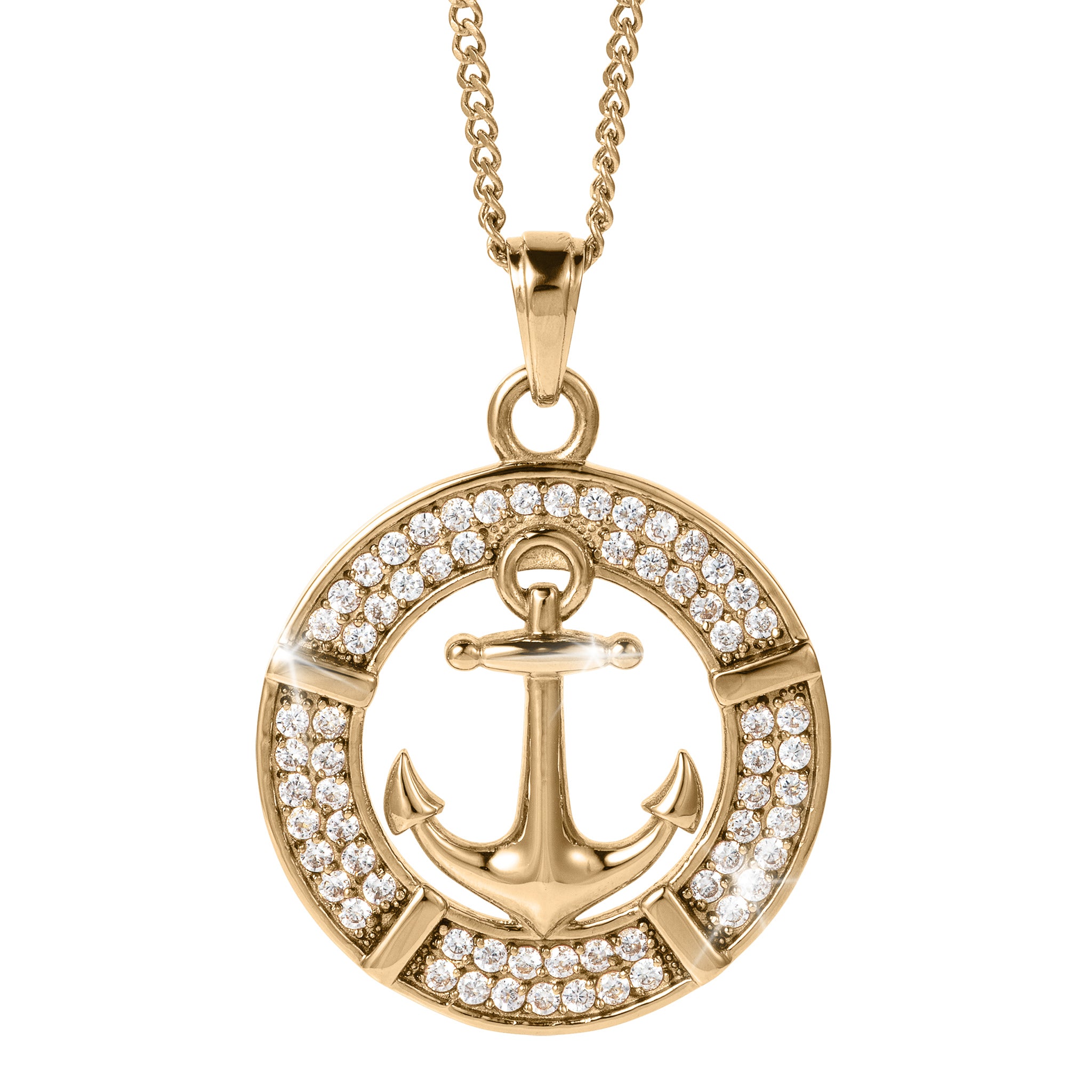 Mariner Pendant gold anchor necklace featuring a polished nautical anchor and sparkling crystal accents in a circular setting Up To 75% Off Retail