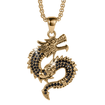 Dragonforge Pendant featuring a gold-toned dragon design with black gemstone accents on a matching chain, available Up To 75% Off Retail.