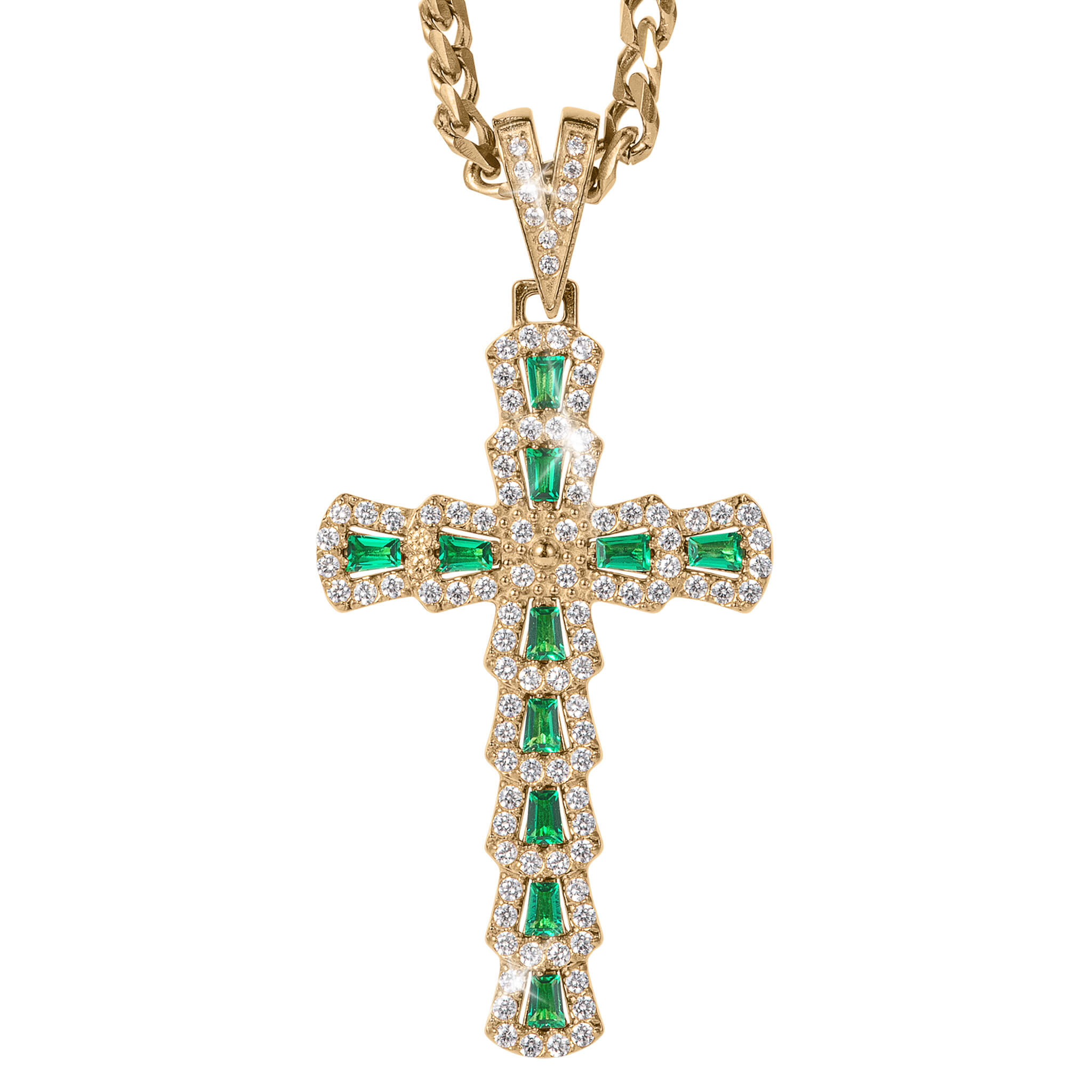 Elegant Serafina Cross Pendant adorned with green gemstones and surrounded by sparkling clear crystals on a gold chain, available Up To 75% Off Retail.