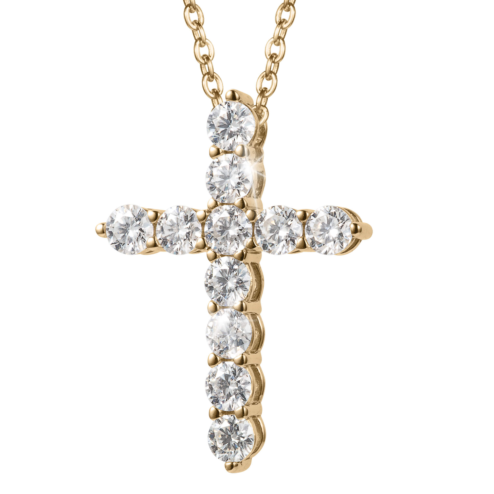 Eternal Light Cross Pendant in sterling silver with gold plating for women, featuring sparkling round stones on a gold chain, available Up To 75% Off Retail.
