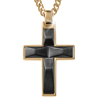 Noir Legacy Cross Pendant featuring a black textured stainless steel cross with gold plating on a matching gold chain, designed for men. Up To 75% Off Retail.