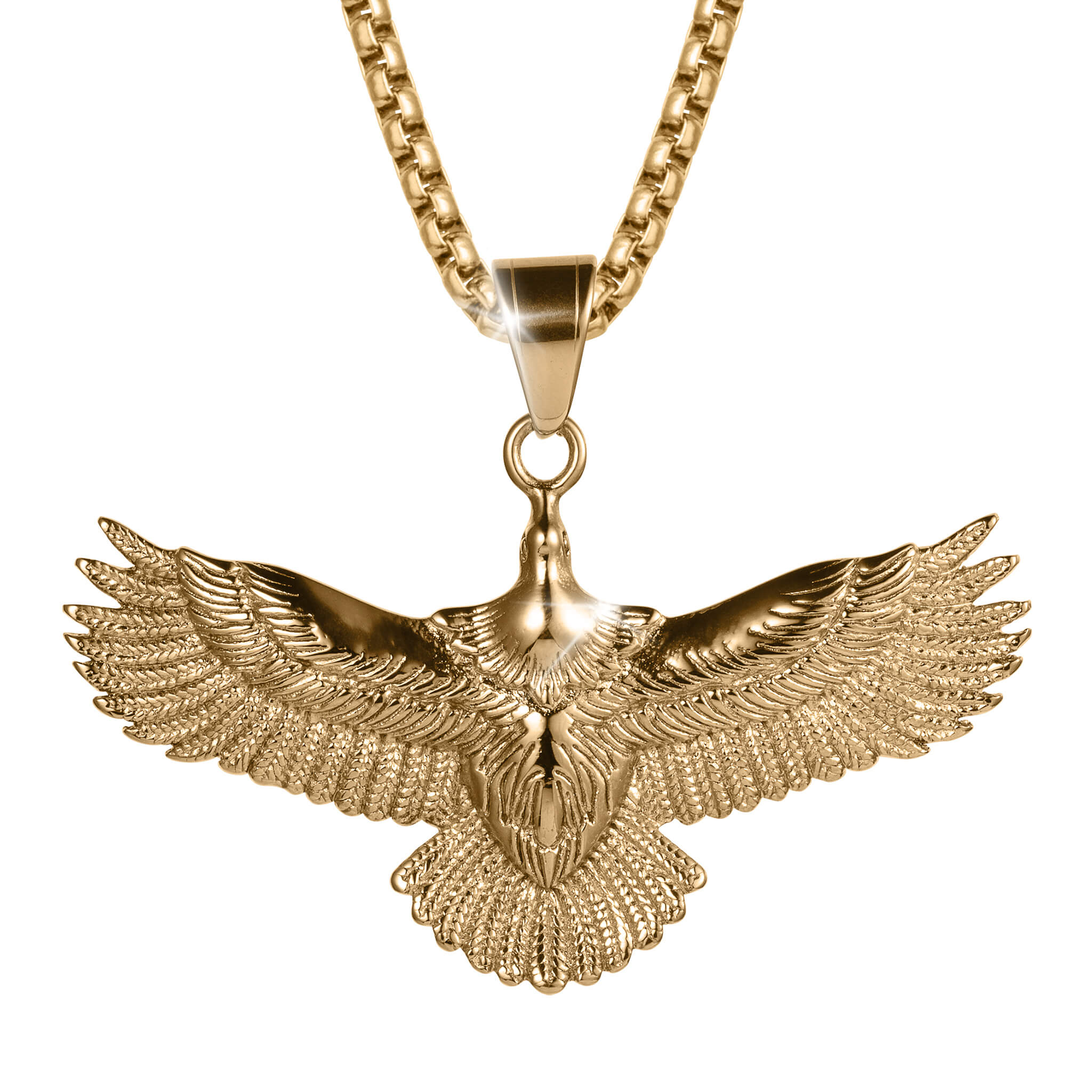 Golden Talon Pendant in gold-plated stainless steel for men, featuring an intricately detailed eagle with outstretched wings on a matching gold chain. Up To 75% Off Retail.