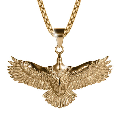 Golden Talon Pendant in gold-plated stainless steel for men, featuring an intricately detailed eagle with outstretched wings on a matching gold chain. Up To 75% Off Retail.