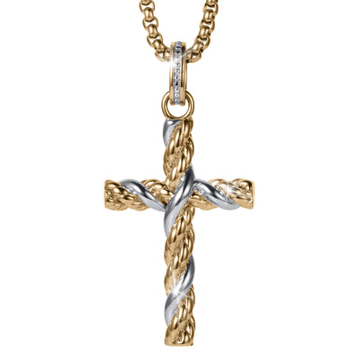 Entwinned Cross Pendant featuring an elegant two-tone twisted design in gold and silver tones, suspended from a matching gold chain, Up To 75% Off Retail.