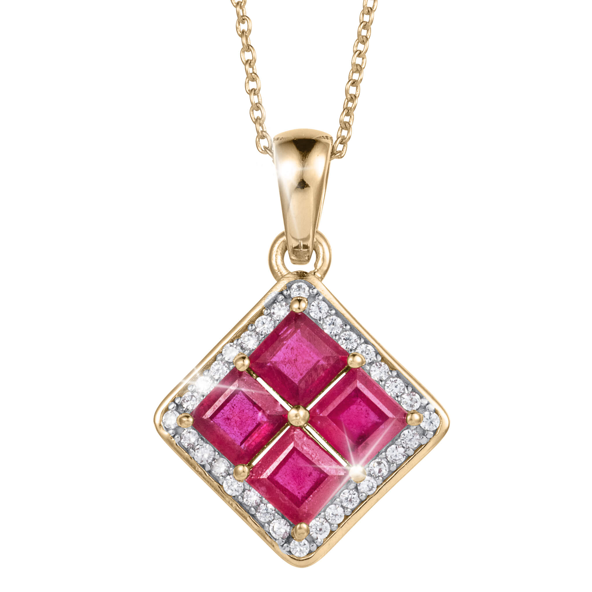 Elegant Rouge Lumiere Ruby Pendant featuring four vibrant ruby stones set in sterling silver with gold plating, designed for females, Up To 75% Off Retail.