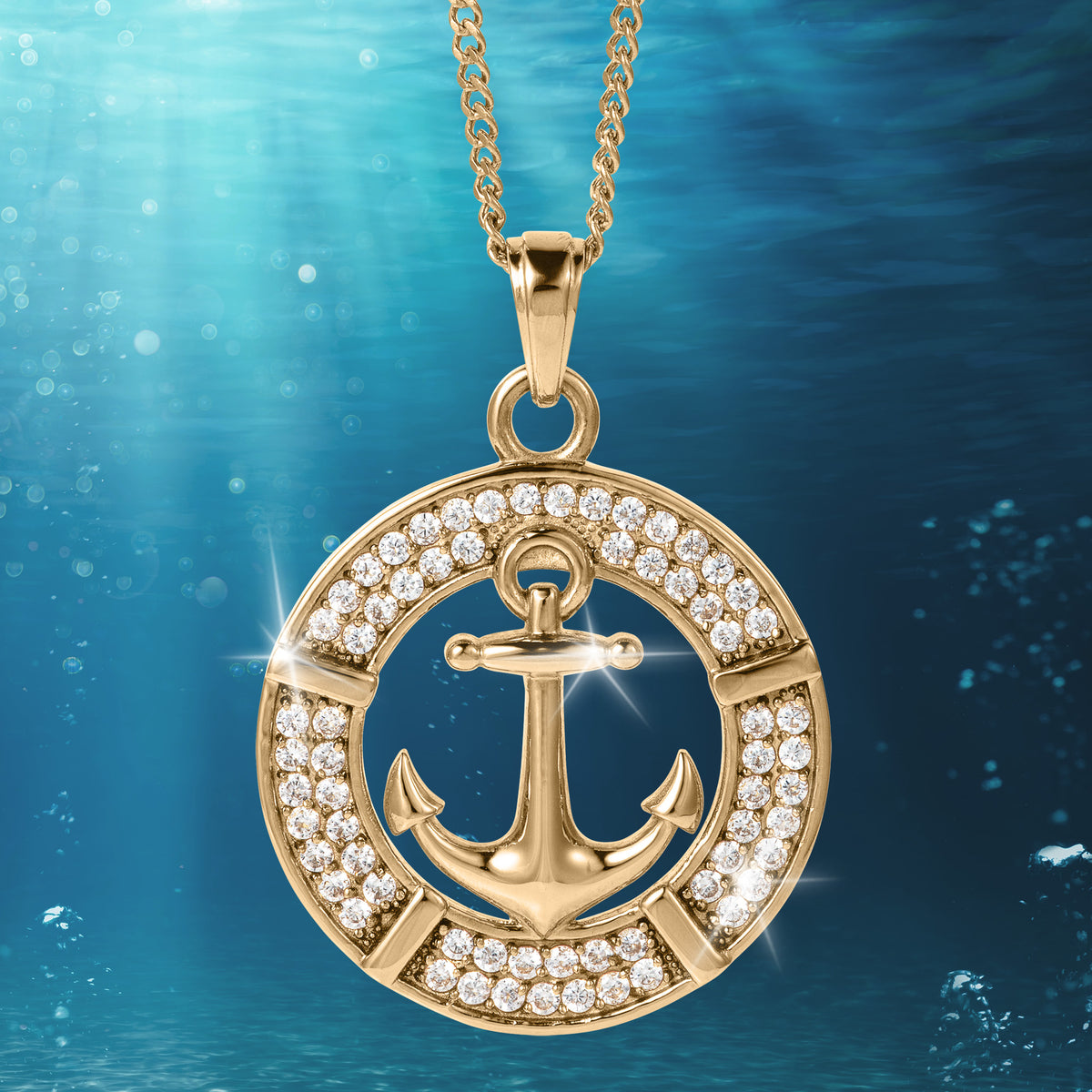 Mariner Pendant gold anchor jewelry with sparkling crystal details shown underwater on a chain Up To 75% Off Retail