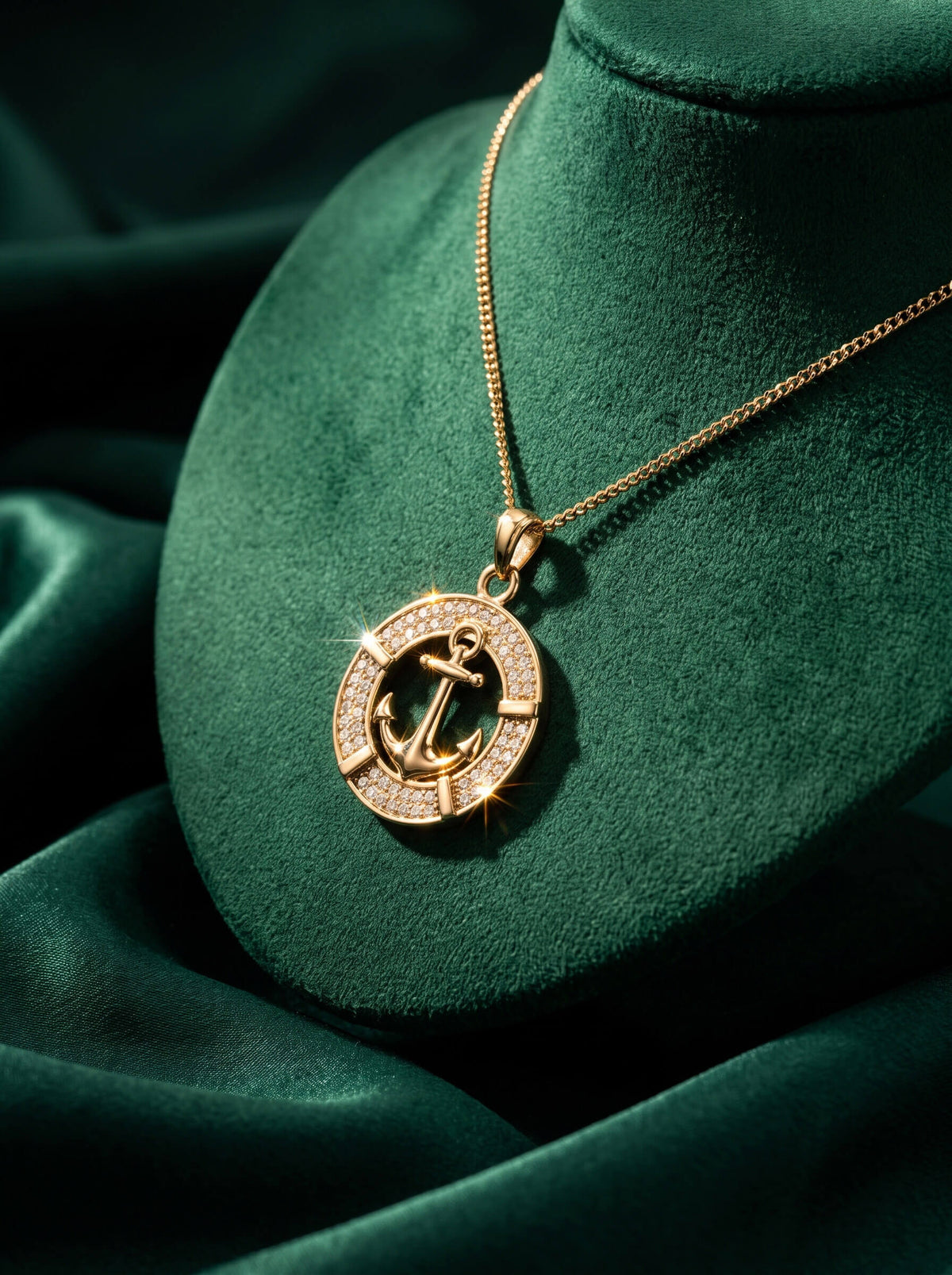 Mariner Pendant with a gold anchor design and sparkling accents on a delicate chain displayed against rich green velvet Up To 75% Off Retail