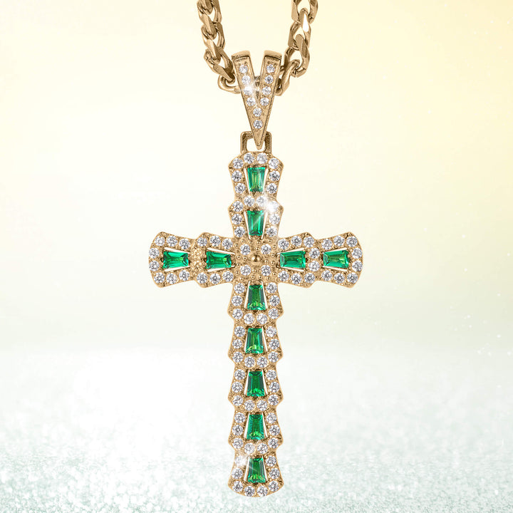 Serafina Cross Pendant featuring green gemstones and sparkling crystals set in gold-tone metal, showcased on a matching chain, Up To 75% Off Retail.