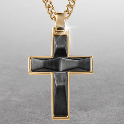 Noir Legacy Collection men's cross pendant with gold plating and black textured center on a gold chain, showcasing elegant jewelry design, Up To 75% Off Retail.