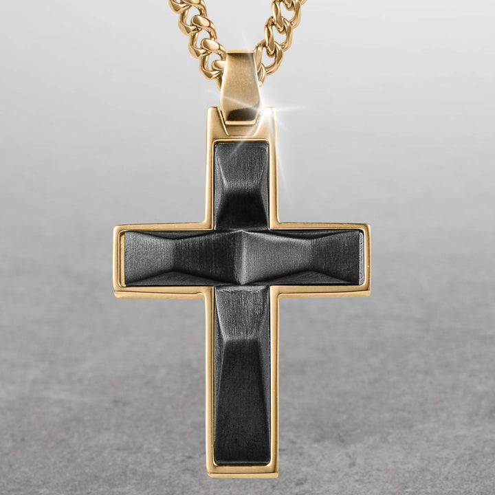 Noir Legacy Collection men's cross pendant with gold plating and black textured center on a gold chain, showcasing elegant jewelry design, Up To 75% Off Retail.