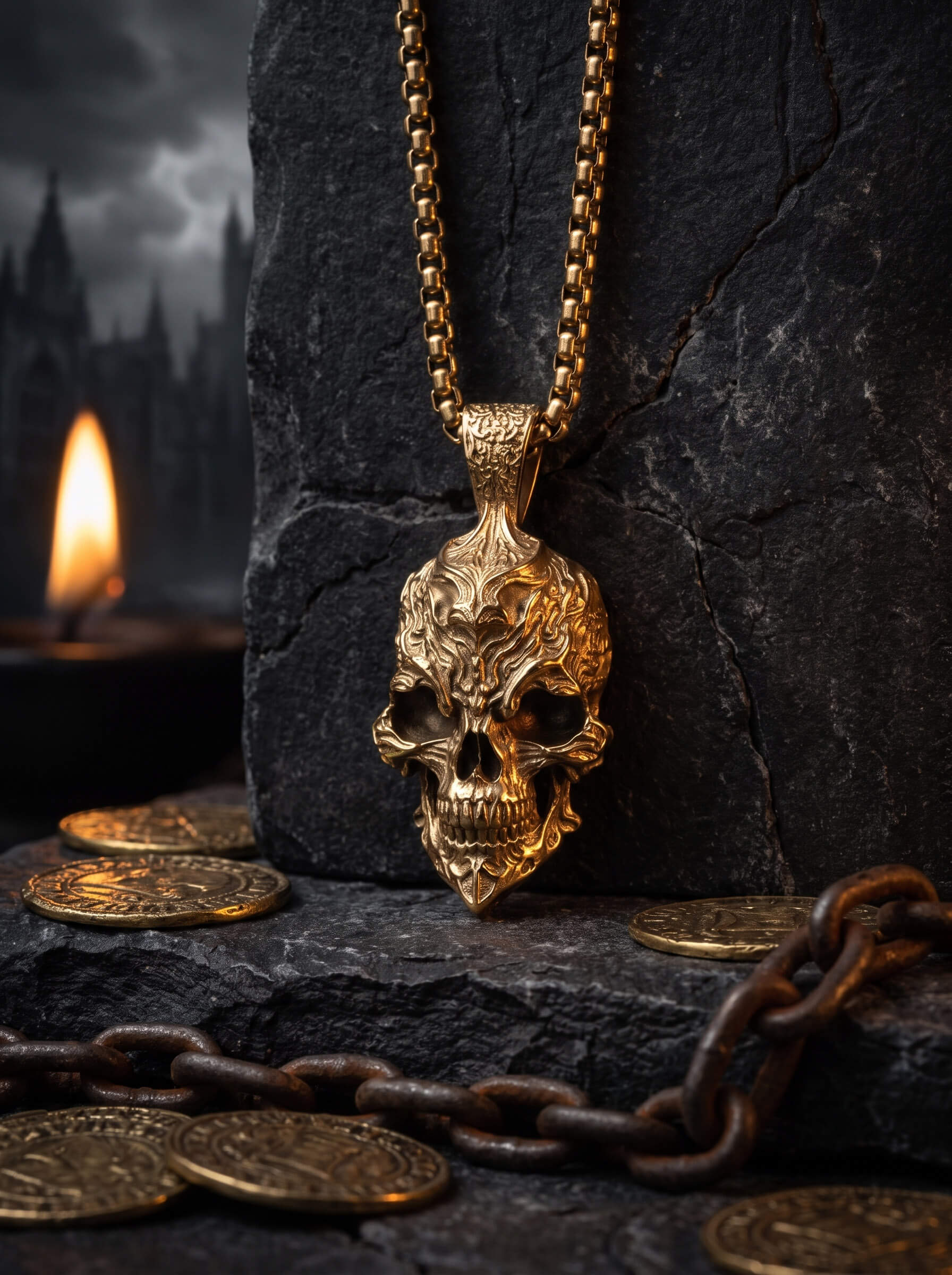 The Fallen Pendant gold skull pendant displayed on dark stone with chains coins and candlelight creating a dramatic gothic atmosphere