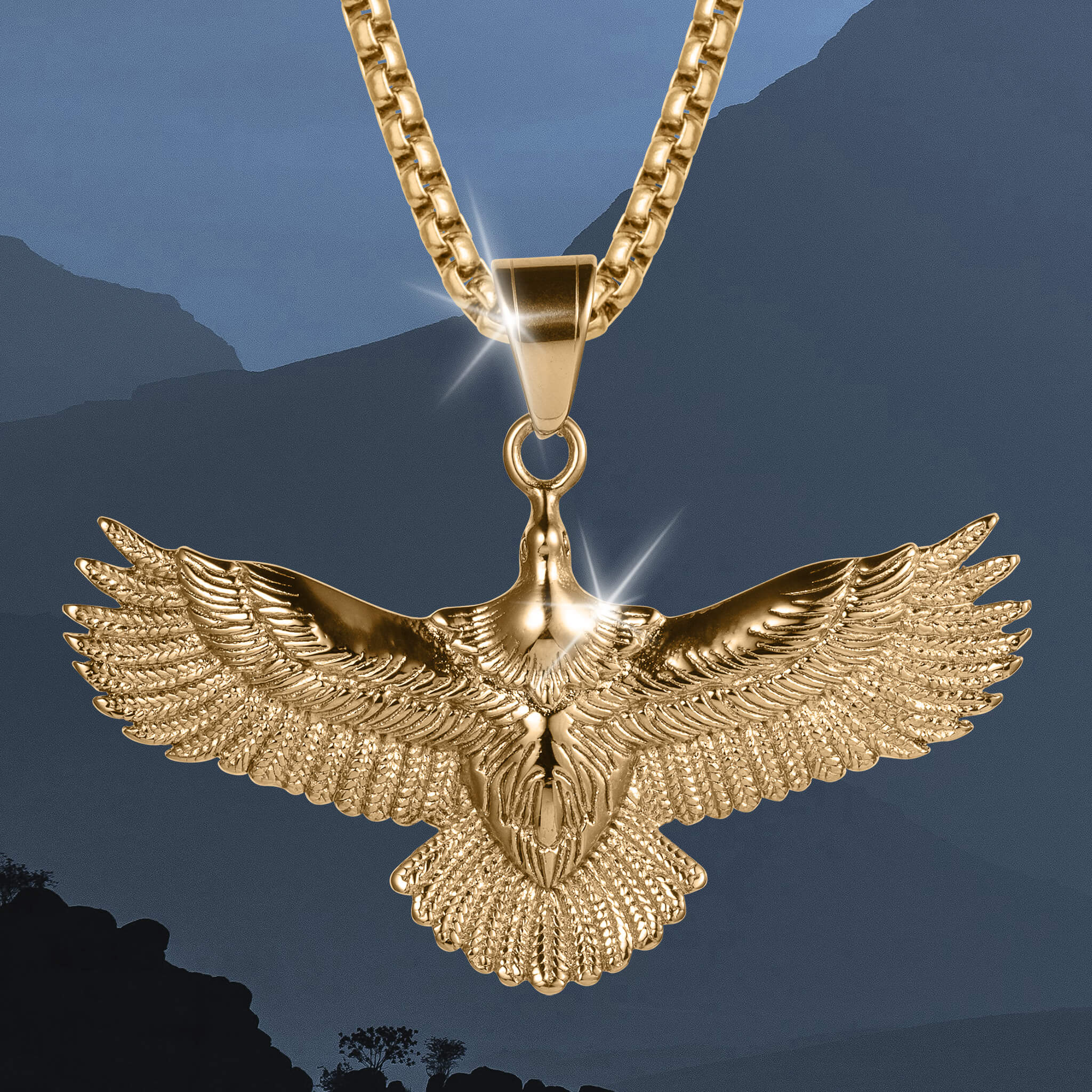 Golden Talon Pendant in gold-plated stainless steel designed for men, featuring detailed eagle talon wings on a chain, offered Up To 75% Off Retail.