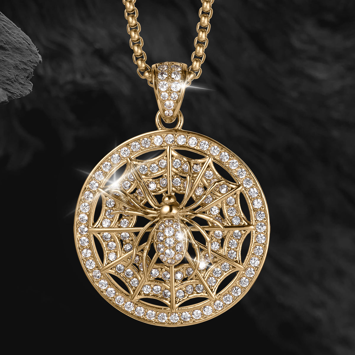 The Webmaster Pendant gold spider web necklace with a jeweled spider and sparkling crystal details on a chain Up To 75% Off Retail