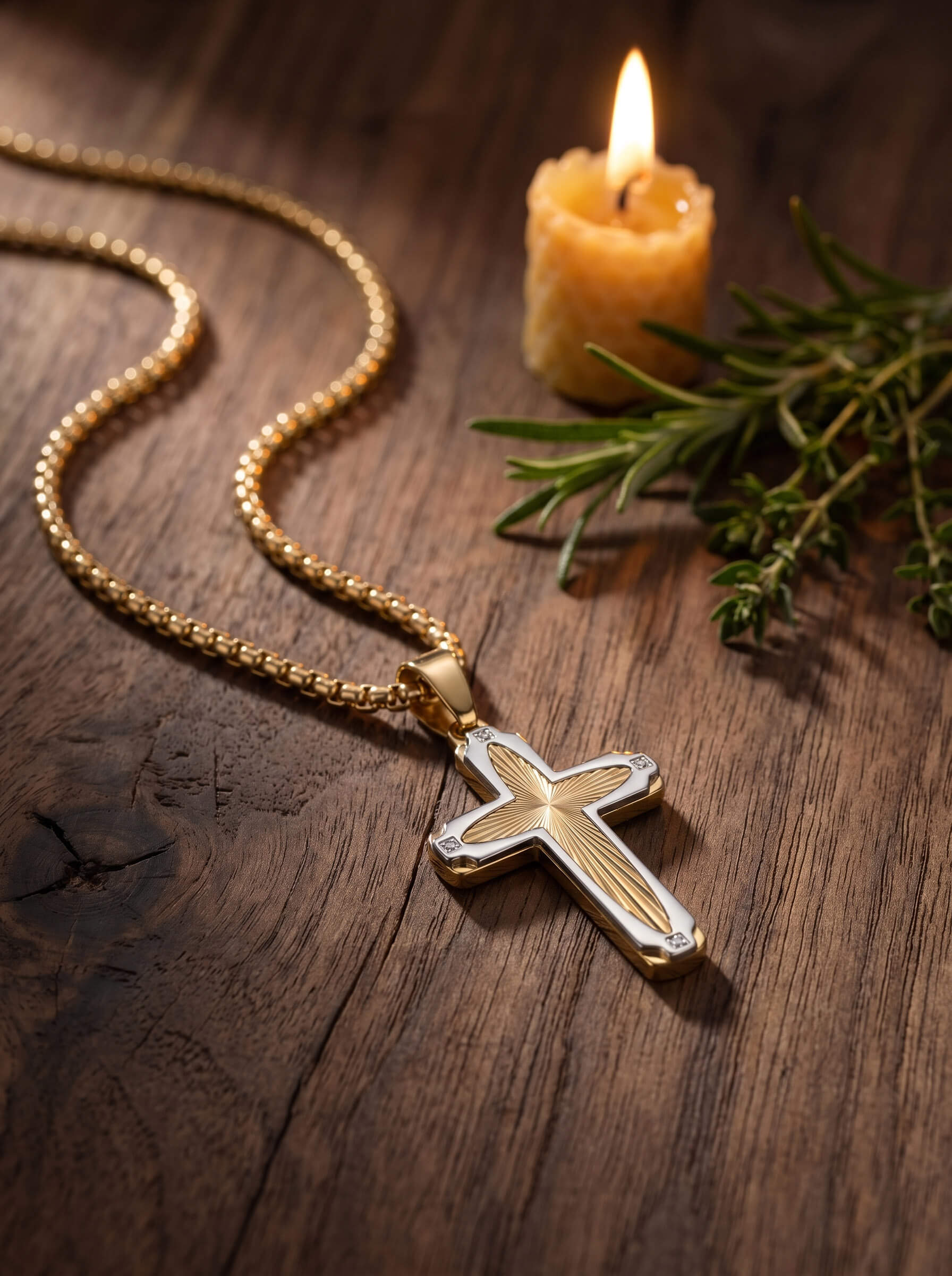 Guiding Light Cross Pendant displayed on a wooden surface beside a lit candle and greenery showcasing its detailed gold tone cross design and elegant jewelry styling