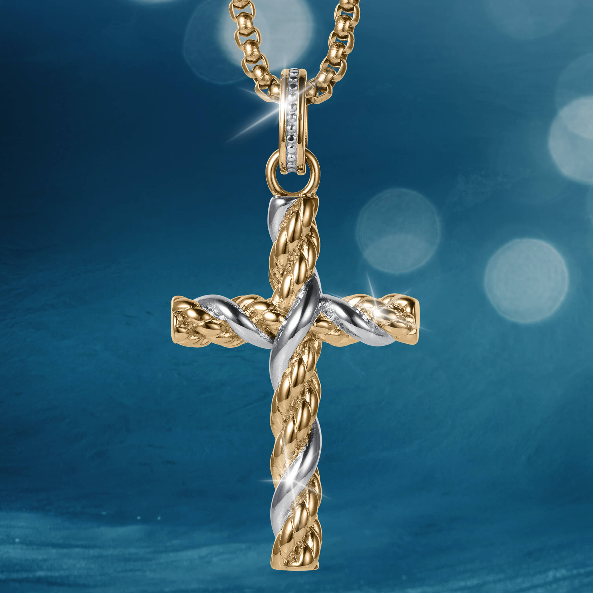 Entwinned Cross Pendant featuring a two-tone gold and silver twisted design on a chain, perfect for jewelry collections, available Up To 75% Off Retail.