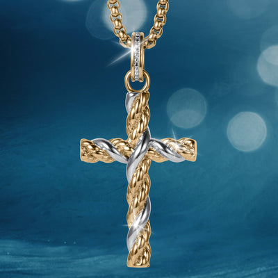 Entwinned Cross Pendant featuring a two-tone gold and silver twisted design on a chain, perfect for jewelry collections, available Up To 75% Off Retail.