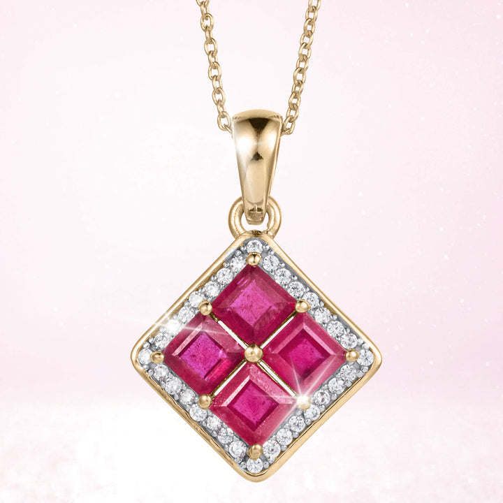 Elegant Rouge Lumiere Ruby Collection pendant featuring gold-plated sterling silver with four vibrant red stones surrounded by sparkling accents, designed for female jewelry lovers Up To 75% Off Retail