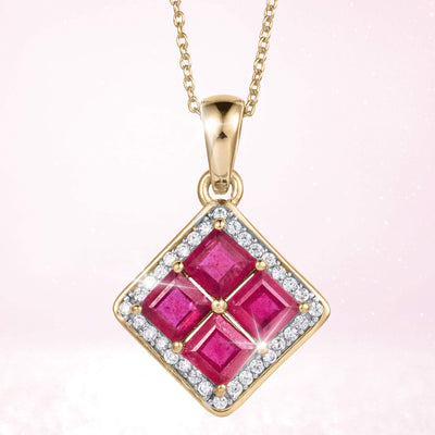 Rouge Lumiere Ruby Pendant features four square rubies set in sterling silver with gold plating, surrounded by sparkling clear stones on a delicate chain, designed for female jewelry lovers. Up To 75% Off Retail.