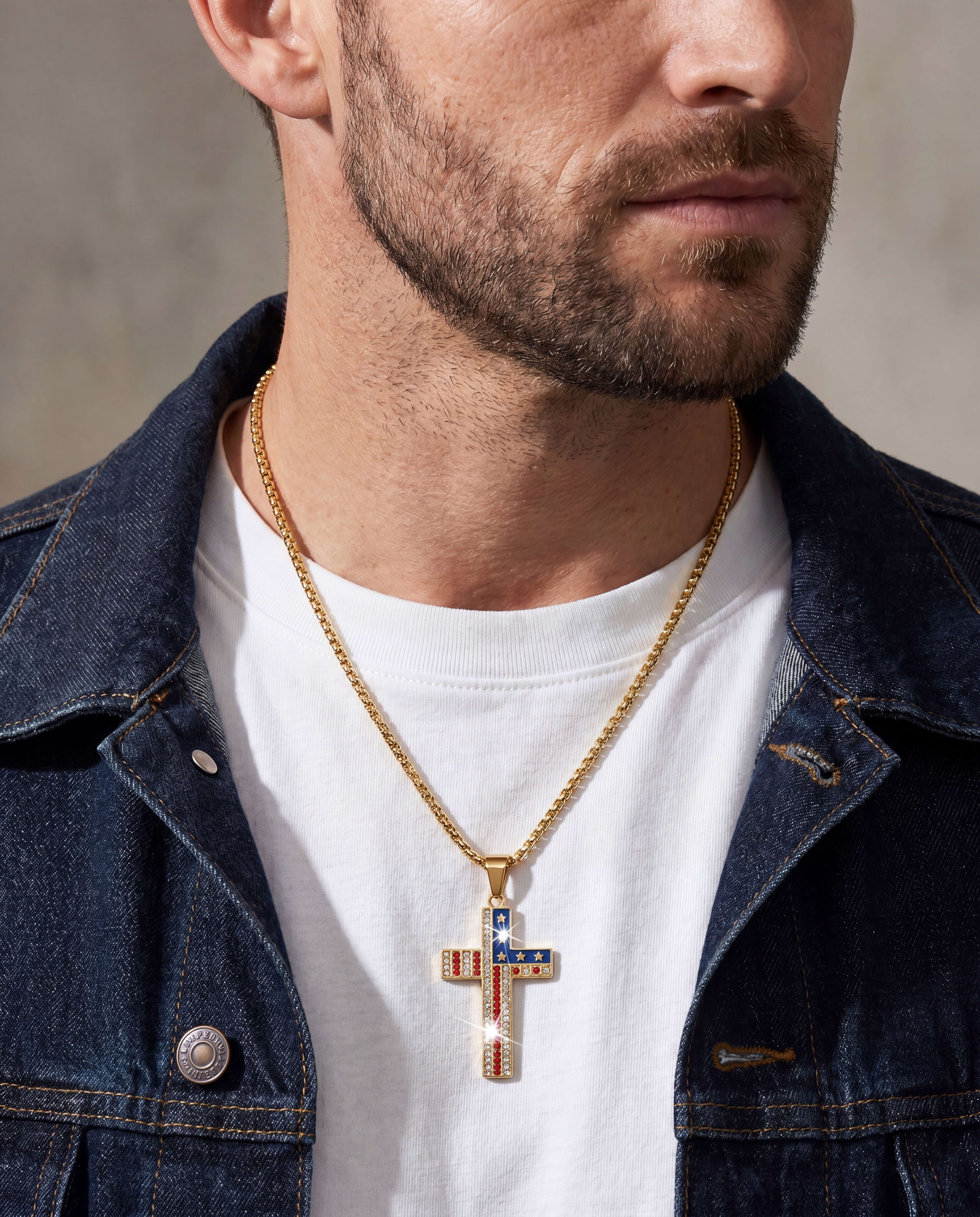Man wears Liberty Cross Pendant in gold-plated stainless steel with American flag design on a gold chain necklace, styled with a white shirt and denim jacket, Up To 75% Off Retail.