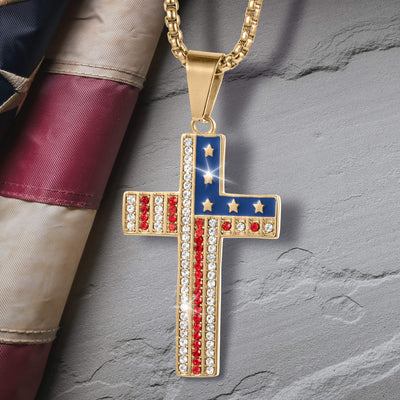 Liberty Cross Pendant in gold-plated stainless steel featuring red, white, and blue accents with star and stripe design, showcasing jewelry with a bold patriotic style Up To 75% Off Retail.